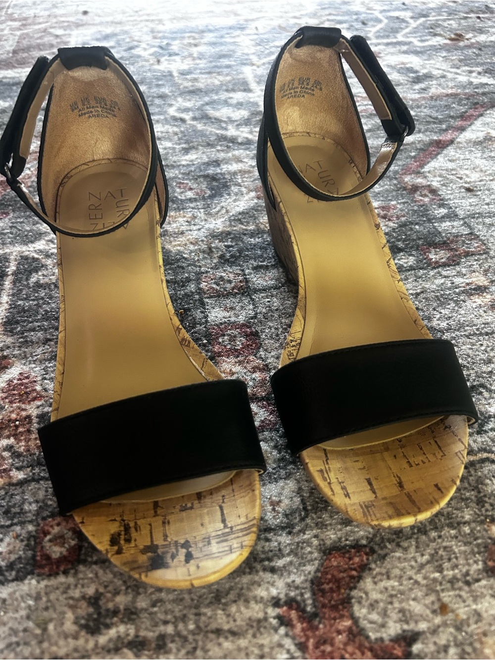Naturalizer Black Cork-Pattern Ankle Strap Wedge Sandals